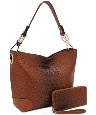 Ostrich Croc 2-in-1 Bucket Bag BW1470 BROWN